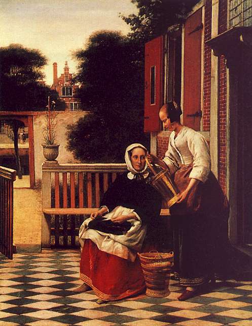 Woman and a Maid with a Pail in a Courtyard